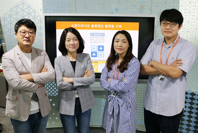 블록체인 플랫폼을 자체 개발한 오렌지라이프 직원들이 개념도 앞에서 포즈를 취하고 있다.