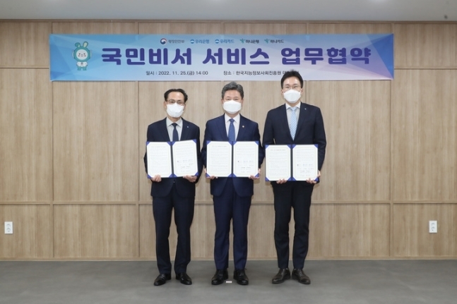 <em>25일 한국정보사회진흥원에서 옥일진 우리은행 부행장(오른쪽), 한창섭 행정안전부 차관(가운데), 김정기 우리카드 사장이 '국민비서' 알림 서비스 업무협약을 체결하고 기념촬영을 하고 있다.(사진=우리금융그룹 제공) *재판매 및 DB 금지</em>