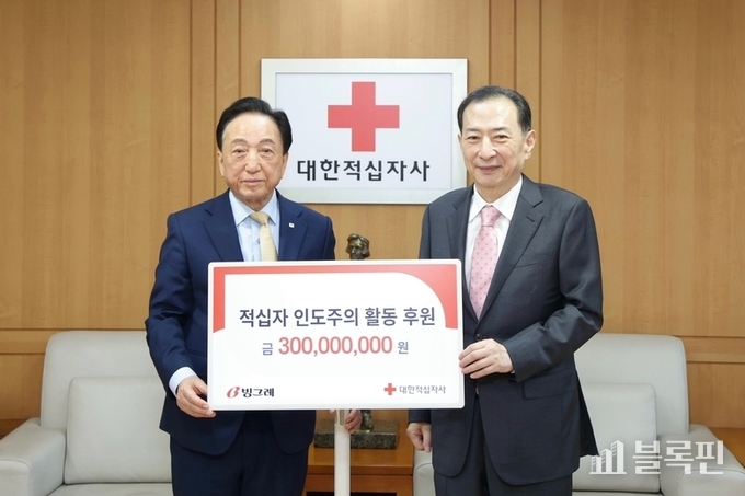 김철수 대한적십자사 회장(왼쪽)과 김호연 빙그레 회장(오른쪽)이 기념사진을 촬영하는 모습. 사진ㅣ빙그레
