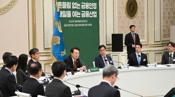 윤석열 대통령이 지난 1월30일 청와대 영빈관에서 열린 금융위원회 업무보고에서 발언하는 모습. 당시 윤 대통령은 업무보고 마무리 발언을 통해 "은행은 민영화된 기업이지만 그 자체가 하나의 공공재"라며 "은행 시스템은 군대보다도 중요한, 국방보다도 중요한 시스템이라고 보고 있다"고 말했다. 사진ㅣ대통령실