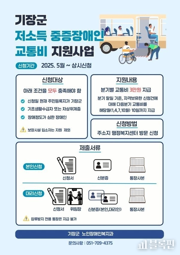 기장군 저소득 중증장애인 대상 교통비 지원사업 안내문. 이미지ㅣ기장군 